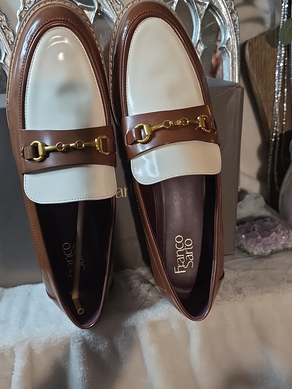 Franco Sarto Brown and White Colettte  Bridle Bit Loafers for Women Sz 11W